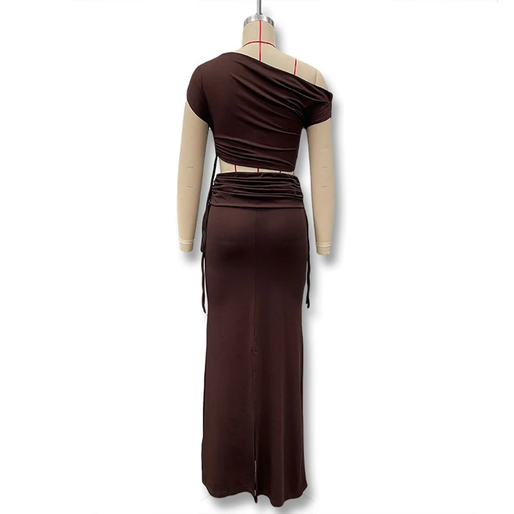 Vestido premamá largo dos piezas – Hombros descubiertos marrón - imagen 4