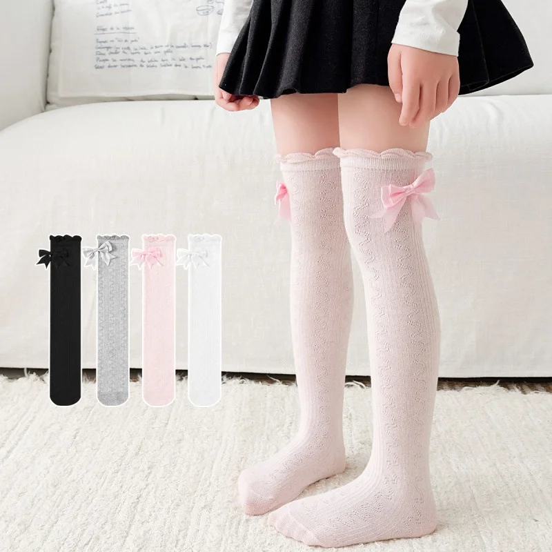 Calcetines altos finos de algodón con lazo para niña, verano