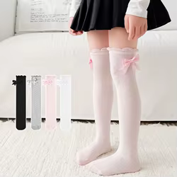 Calcetines altos finos de algodón con lazo para niña, verano