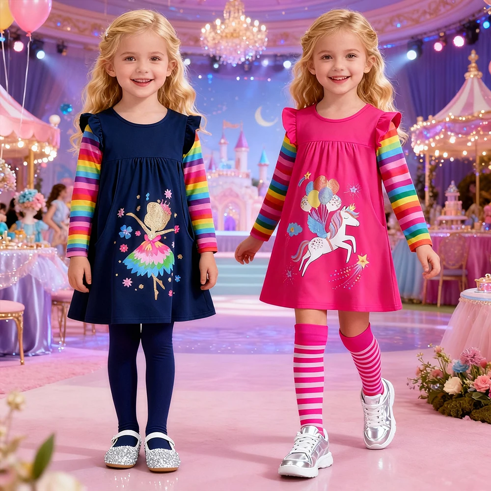 DXTON vestido acampanado infantil de otoño a rayas arcoíris - imagen 4