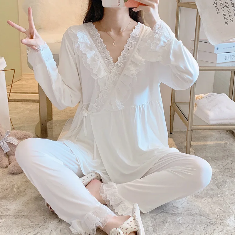 Pijamas de lactancia de modal manga larga con encaje para entretiempo