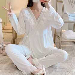 Pijamas de lactancia de modal manga larga con encaje para entretiempo