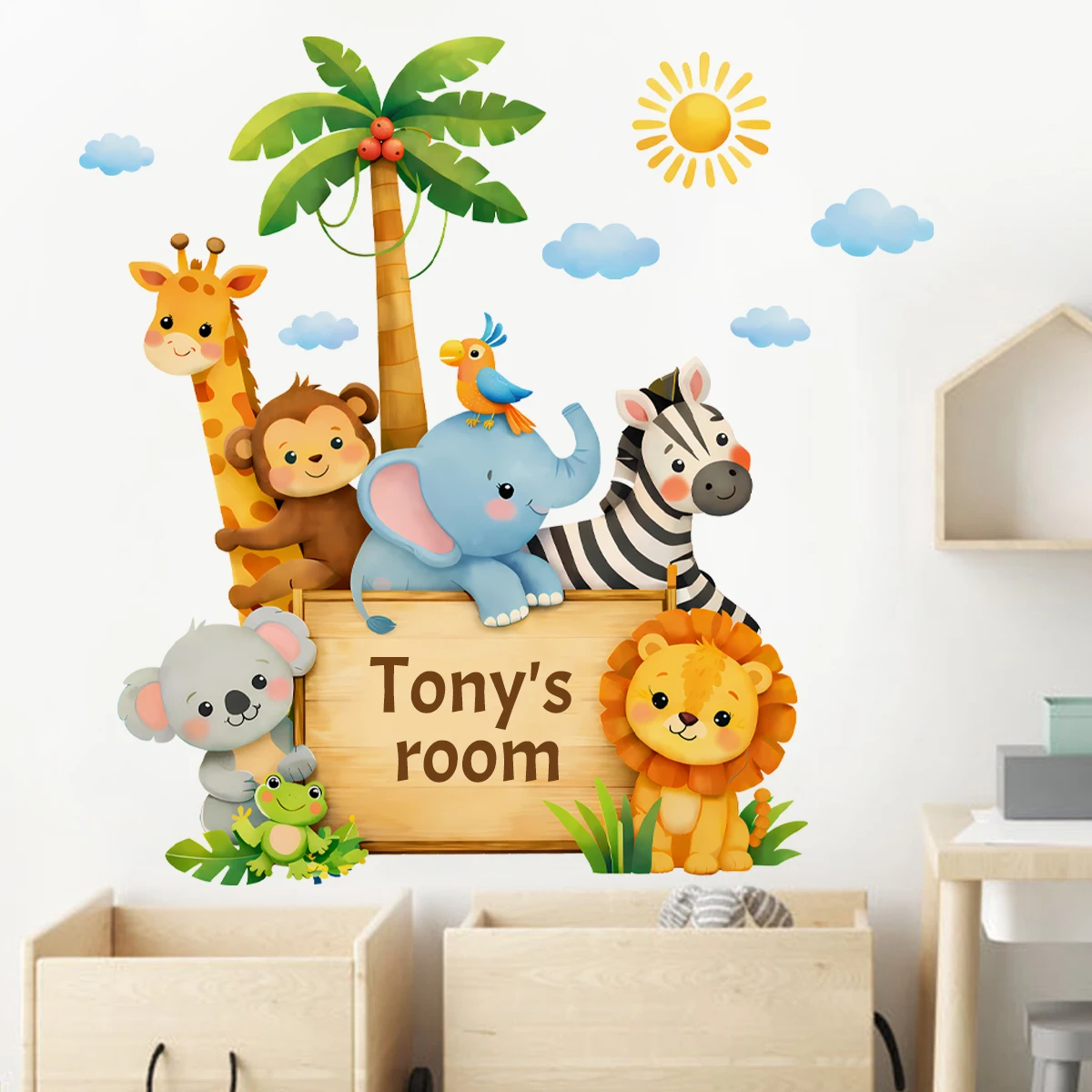 Pegatinas de pared animales selva desmontables con nombre para bebé