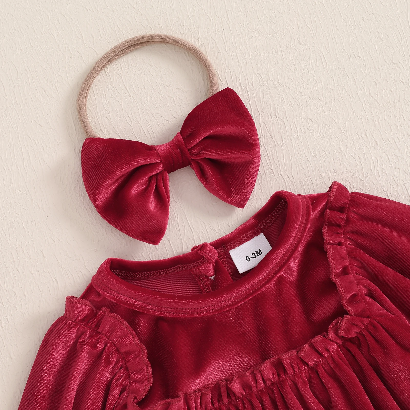 BeQeuewll Pelele de Navidad en terciopelo para niñas con diadema - imagen 3