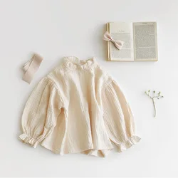 Camiseta manga larga de algodón y lino con volantes para niña