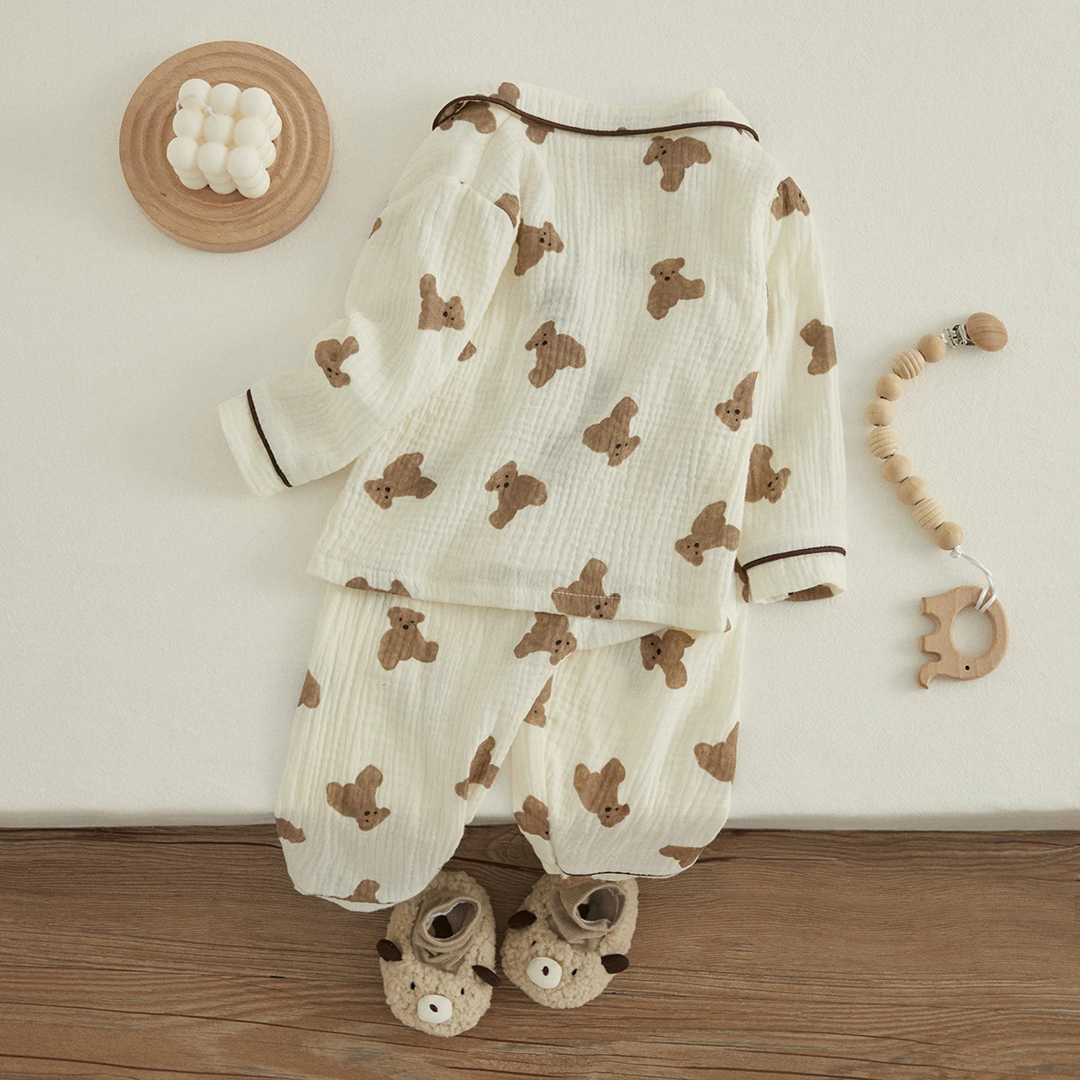 VISgogo Pijama de lino y algodón con estampado de oso para niño - imagen 4