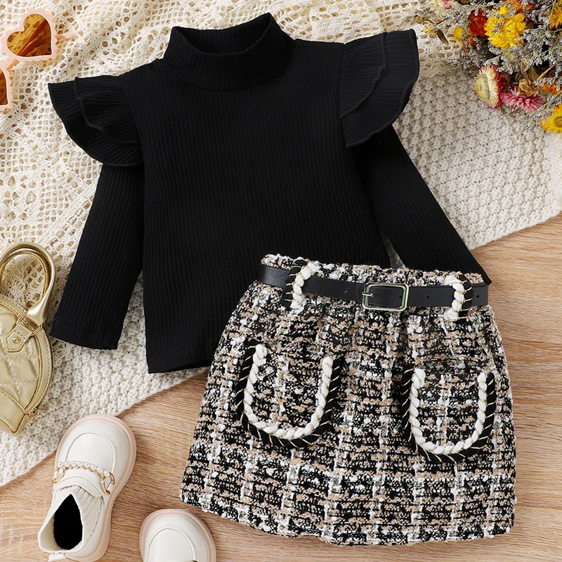 Conjunto de falda a cuadros y top manga larga para niña pequeña