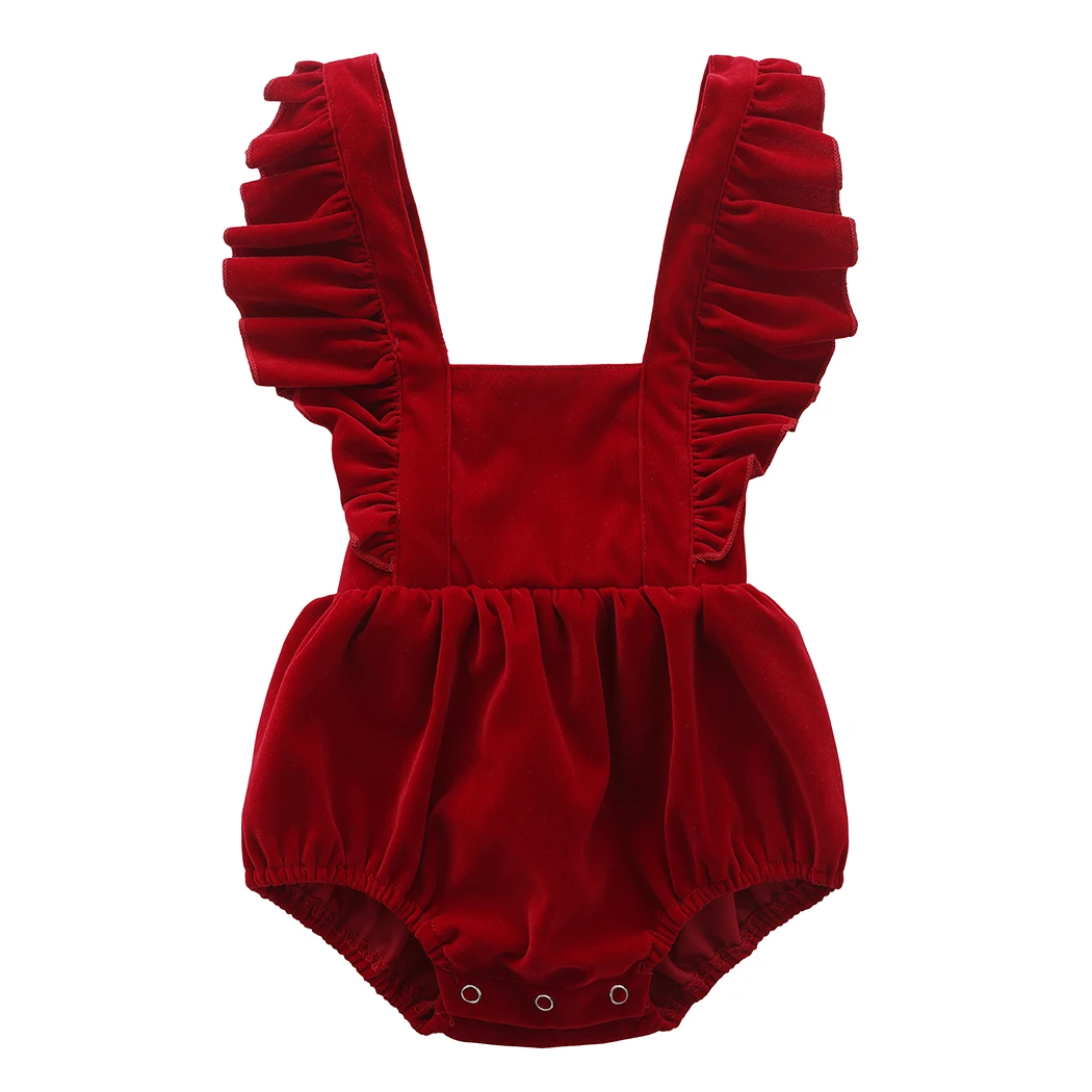 Pelele navideño de terciopelo con volantes para bebé niña