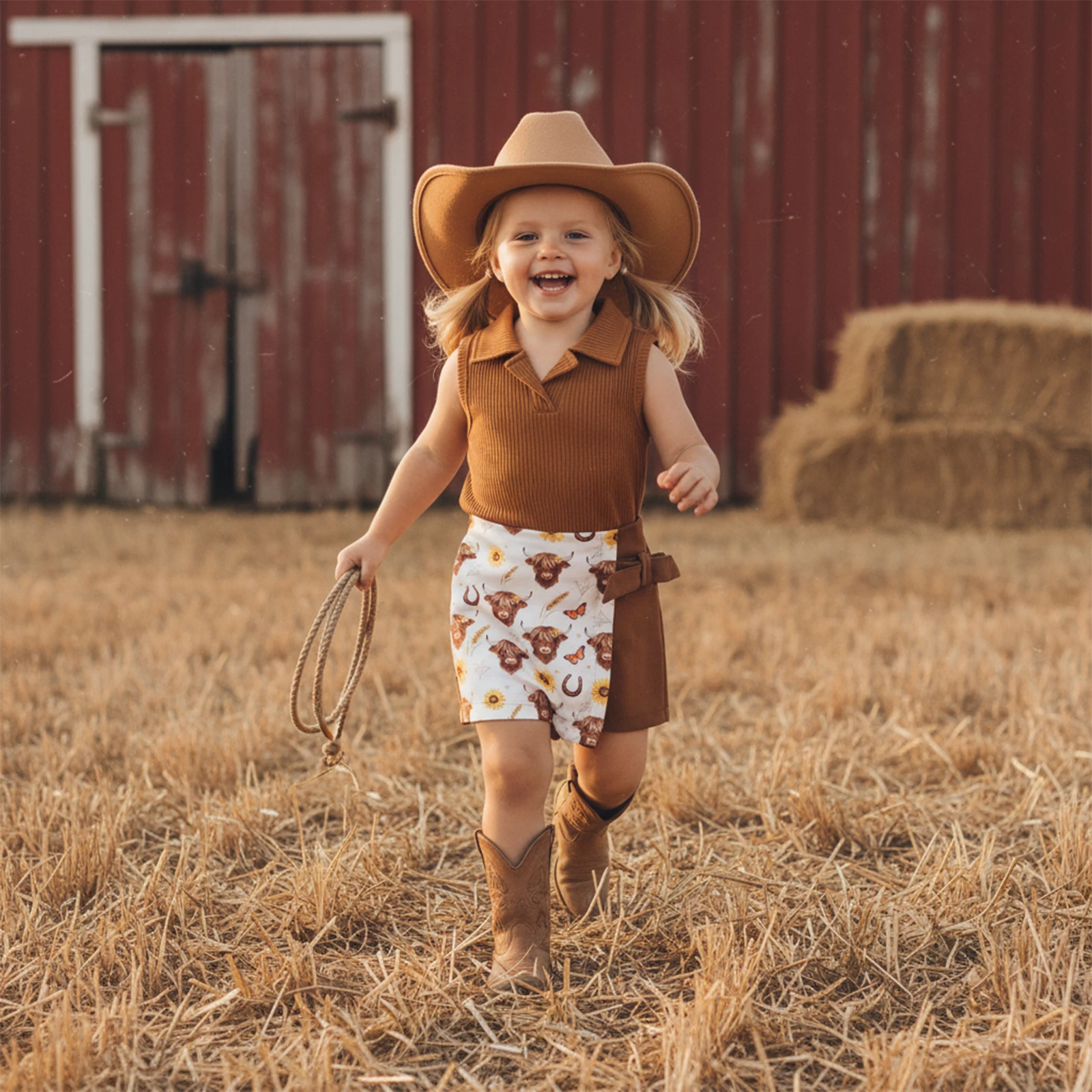 Conjunto verano niña: camiseta sin mangas, falda estampada y sombrero