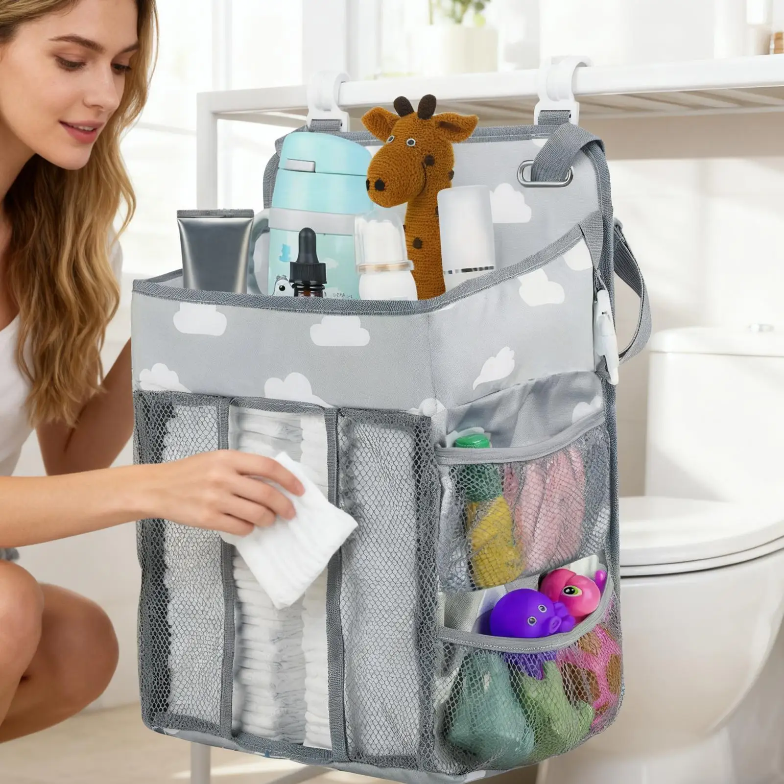 Colgador para pañales impermeable ajustable multibolsillo guardería