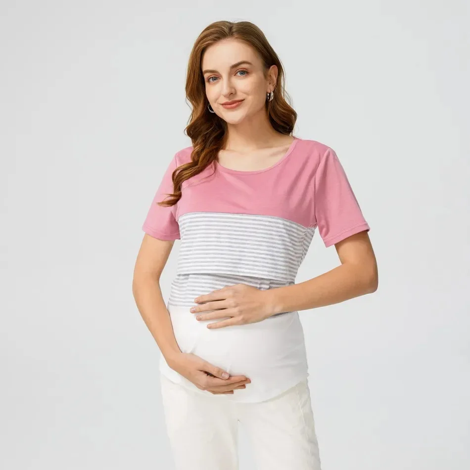 Camiseta maternidad manga corta – Estampado rayas y rosas - imagen 4