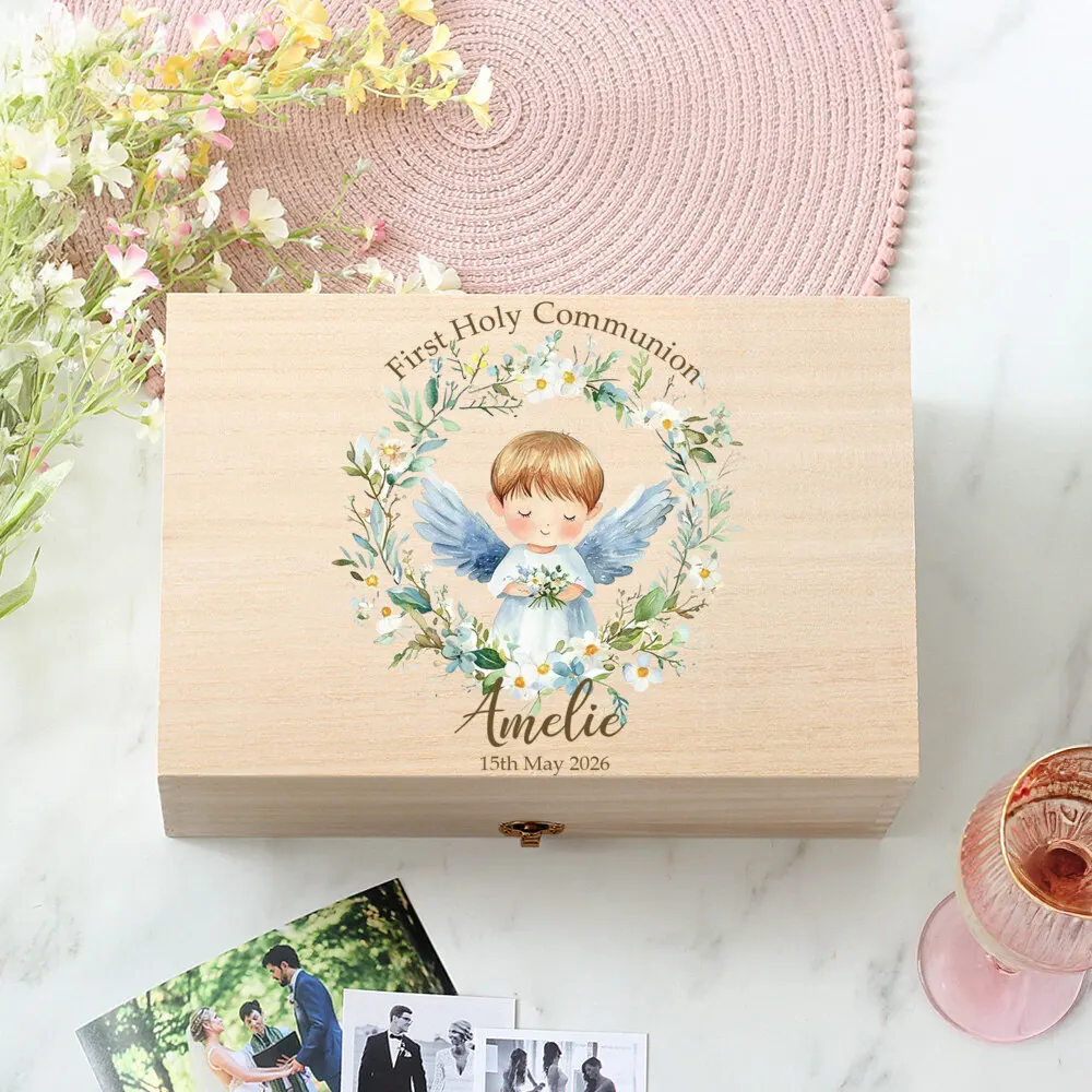 Caja de recuerdo para bautizo de madera personalizada religiosa