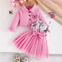 Conjunto bebé primavera: abrigo mariposa + vestido con lazo