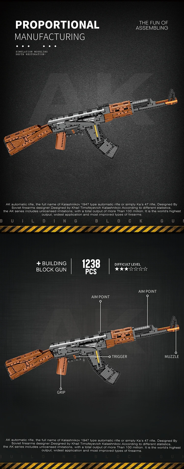 Piezas del kit de construcción AK47 organizadas