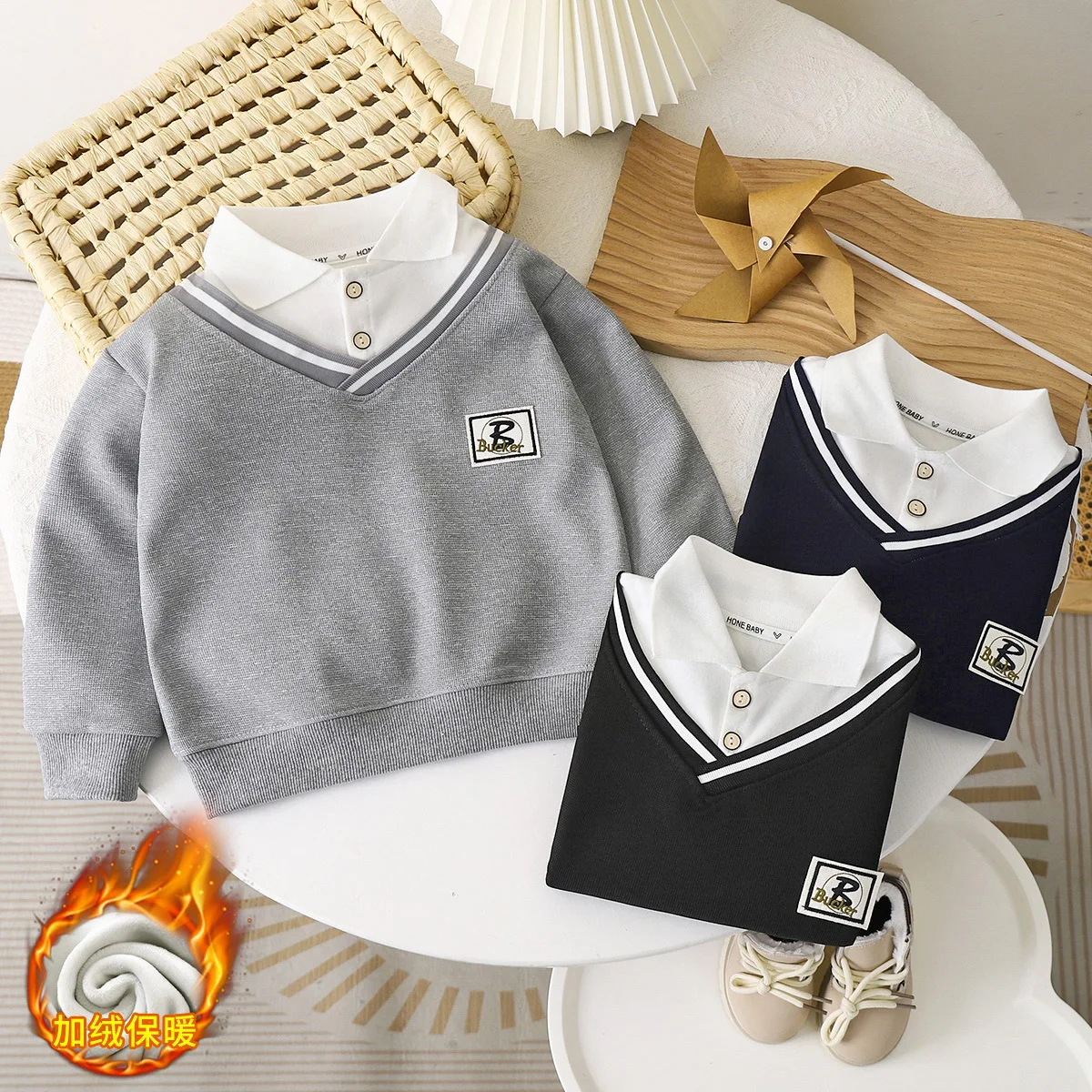 Camiseta polo niño terciopelo cálido manga larga invierno suave - imagen 2