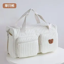 Bolso para pañales de algodón beige: bordado oso floral y cremallera