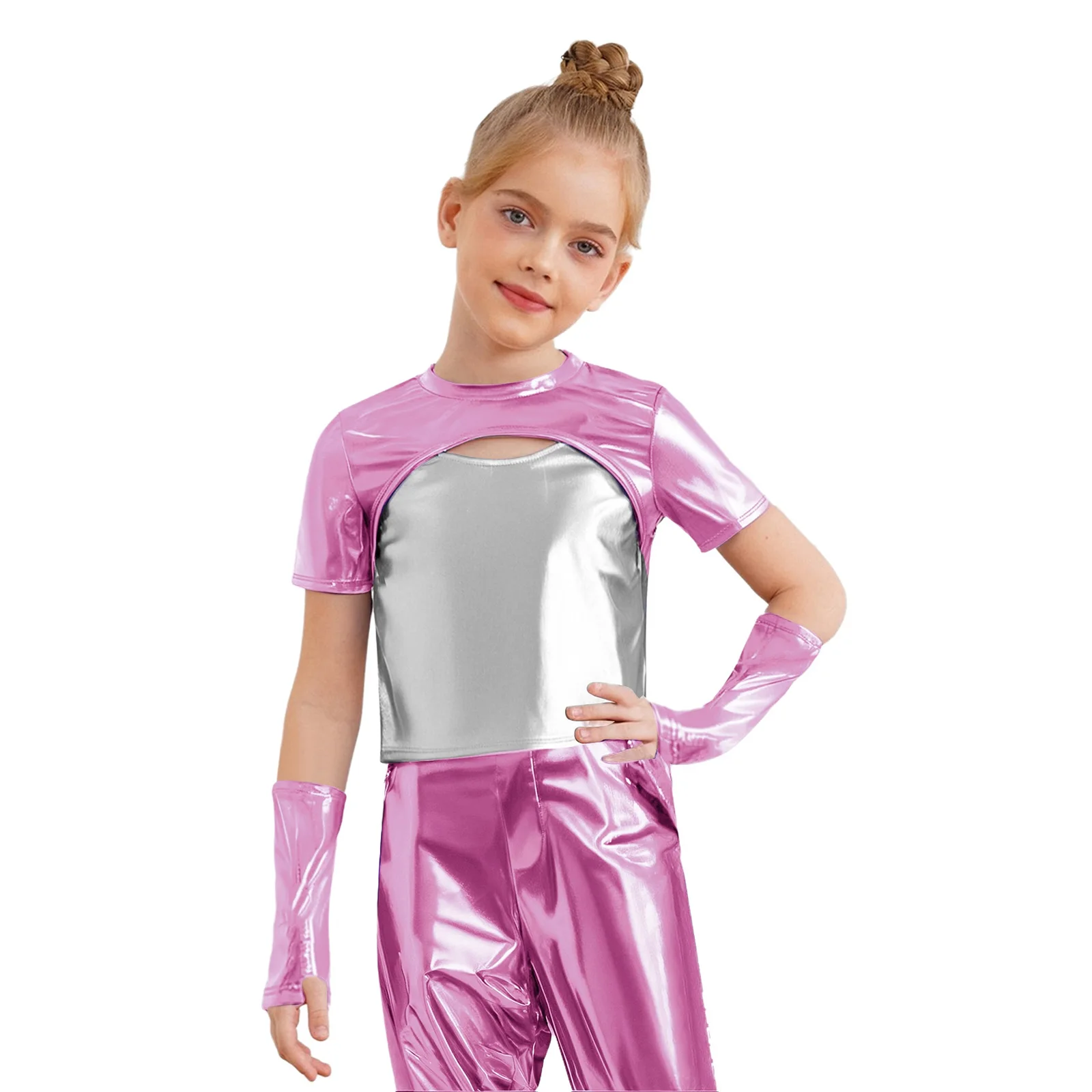 Traje de jazz hip hop para niñas con cargo y camiseta metálica - imagen 4