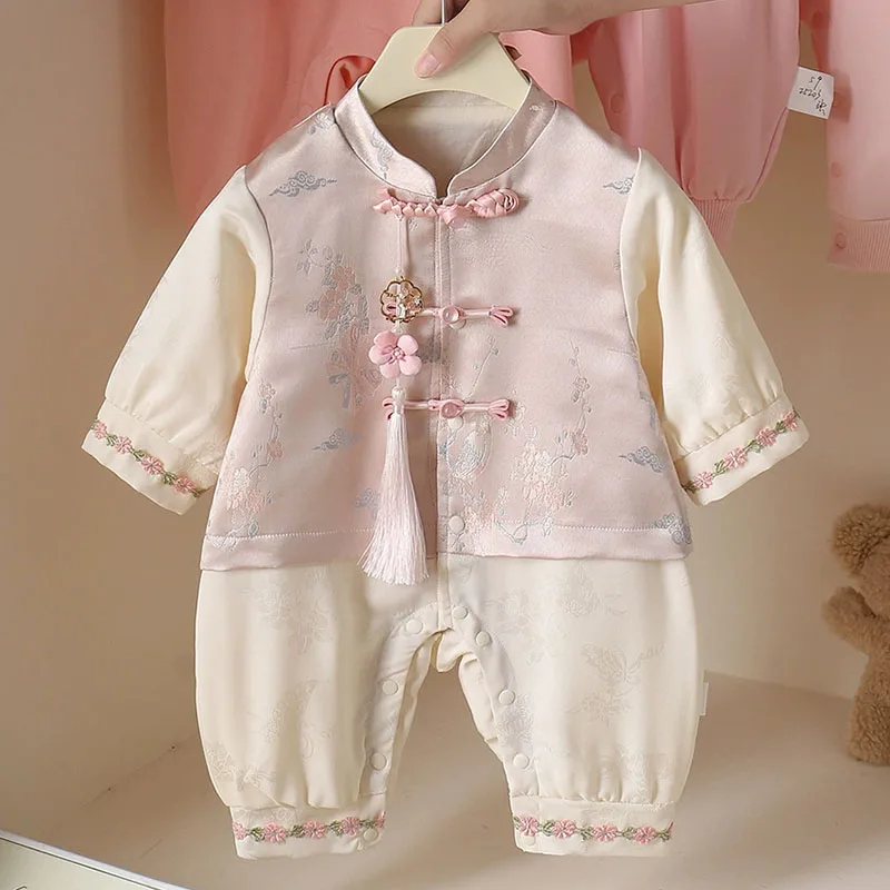 Mono recién nacido manga larga rosa con bordado floral estilo chino