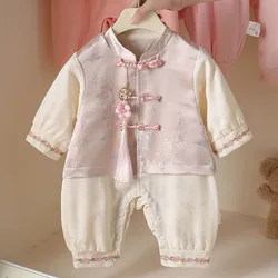 Mono recién nacido manga larga rosa con bordado floral estilo chino