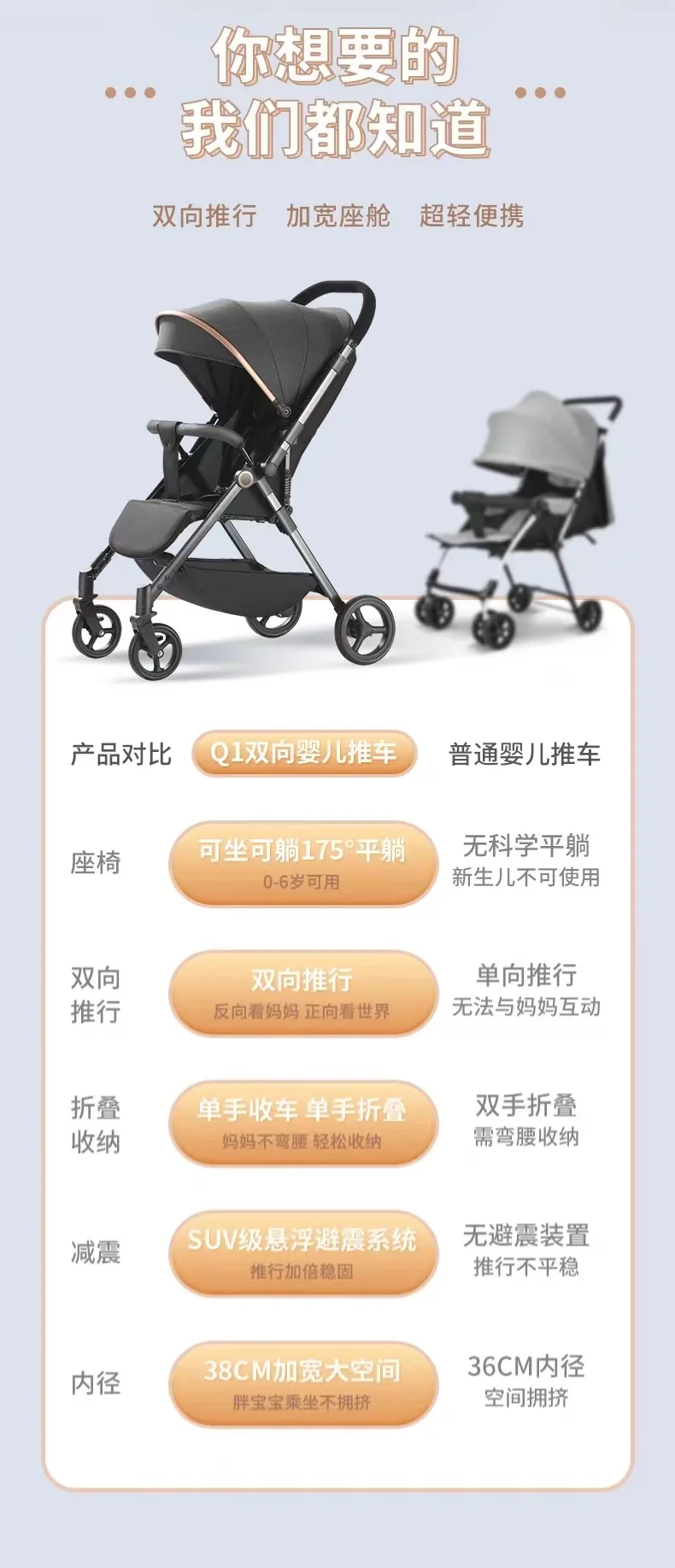 Carrito de bebé plegable con bandeja en vista frontal
