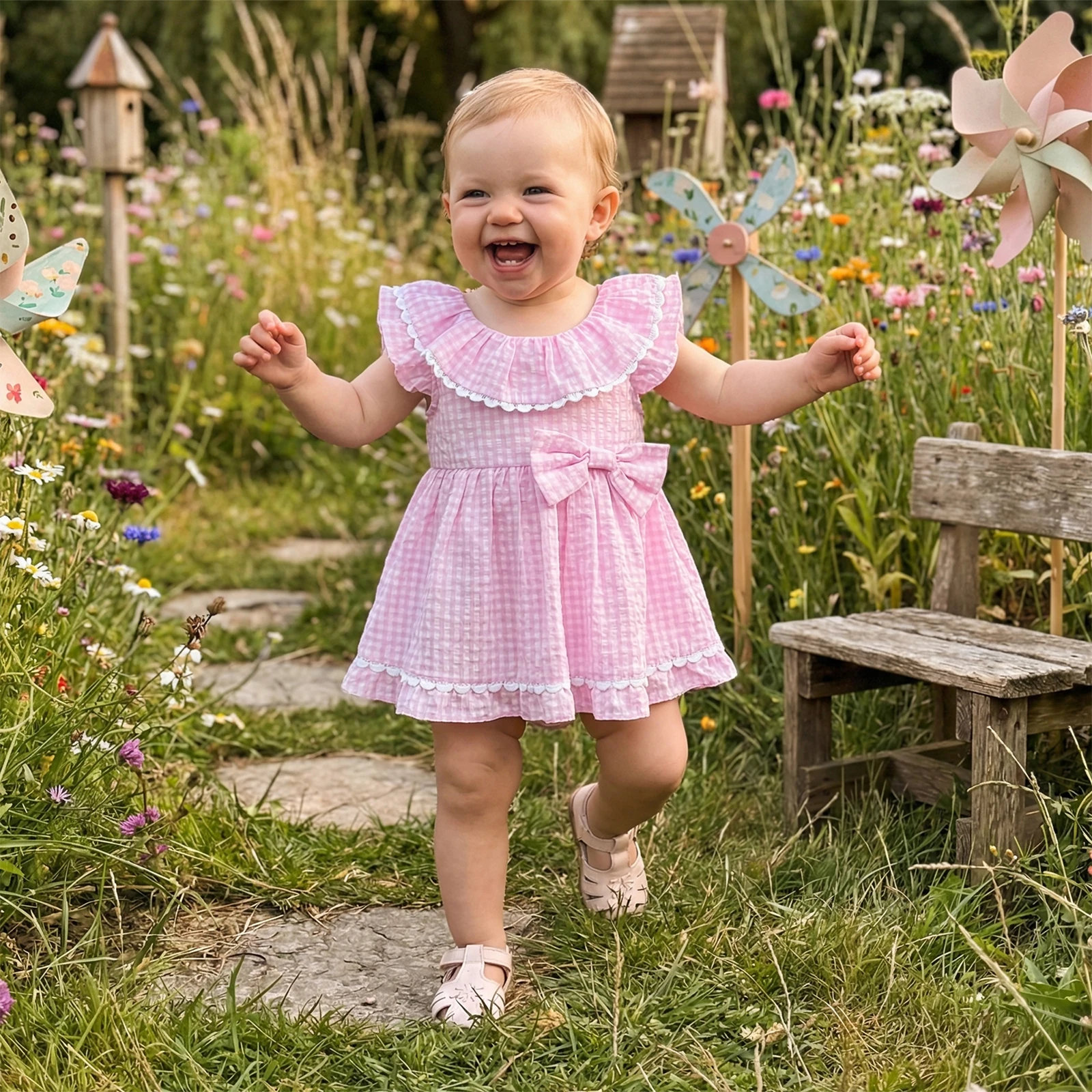 Vestido de verano bebé niña a cuadros sin mangas, cuello redondo - imagen 3