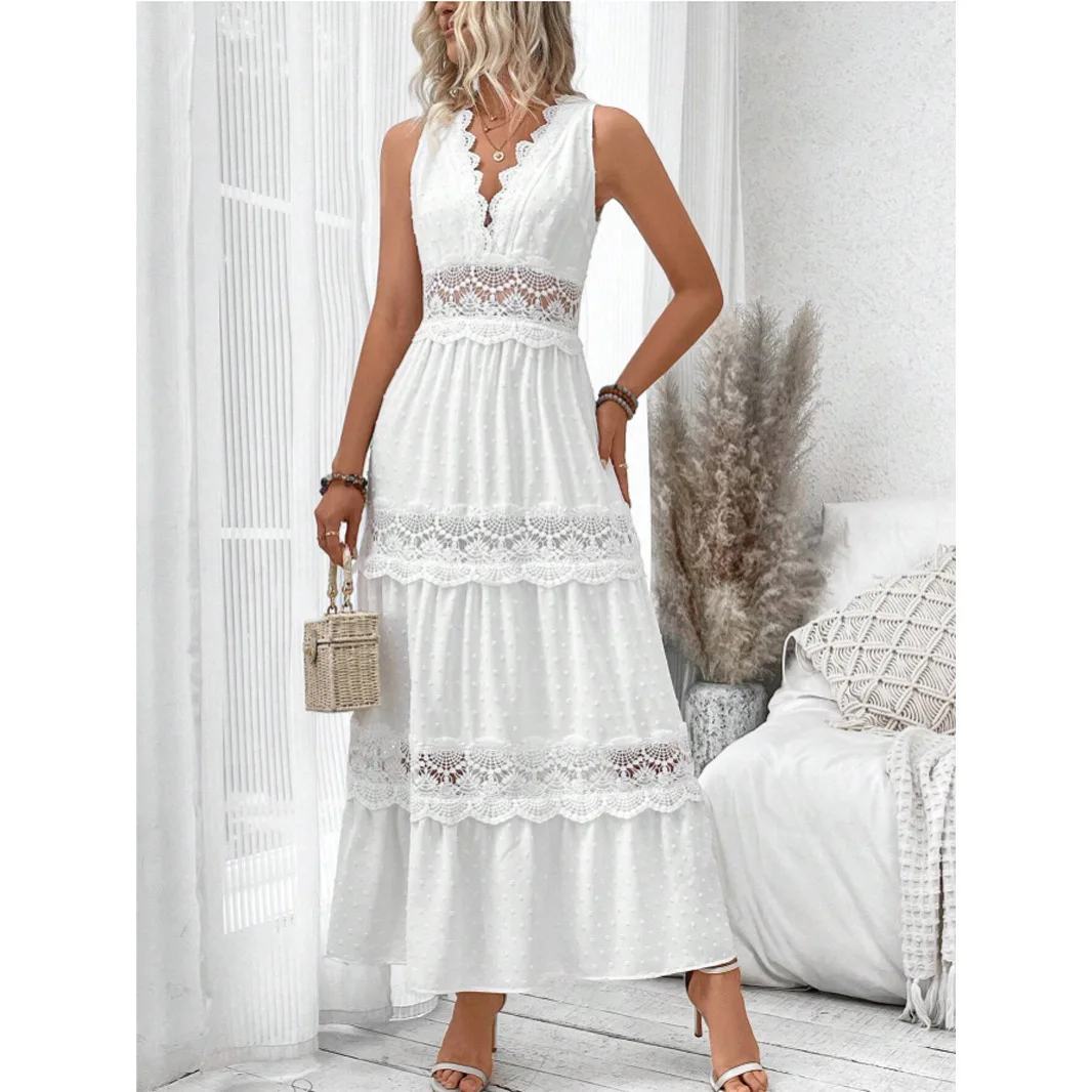 Vestido de verano blanco sin mangas con encaje y escote en V - imagen 5