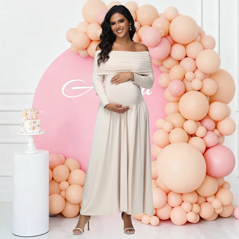 Vestido de maternidad plisado liso manga larga para fiesta bienvenida - imagen 5