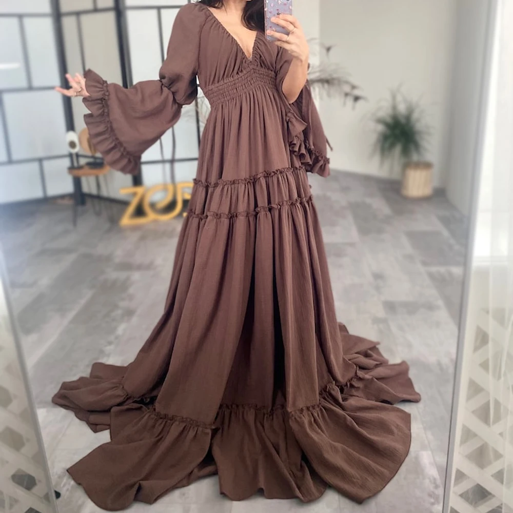 Vestido de maternidad bohemio largo en lino y algodón con V profunda