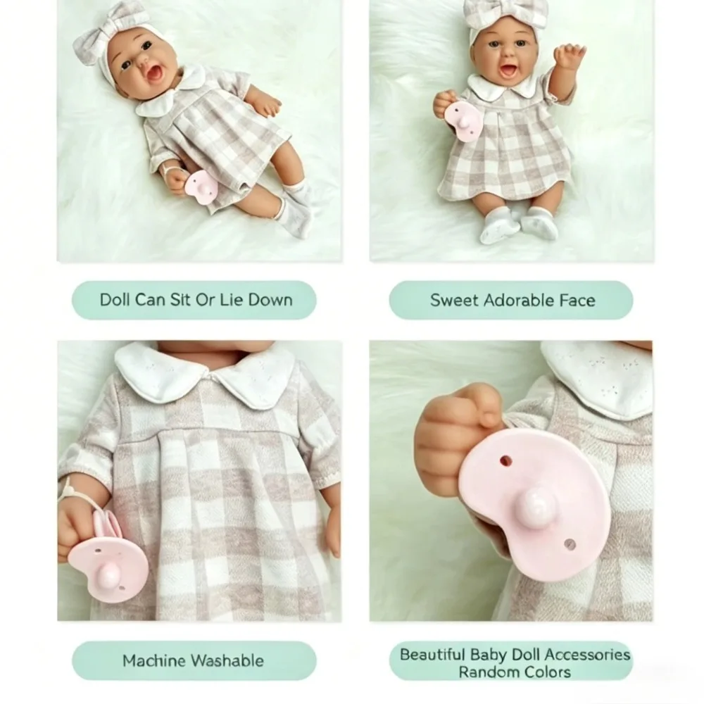 Muñeca bebé reborn con chupete rosa y accesorios