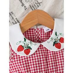 Vestido niña a cuadros rojos sin mangas con fresa y cuello muñeca