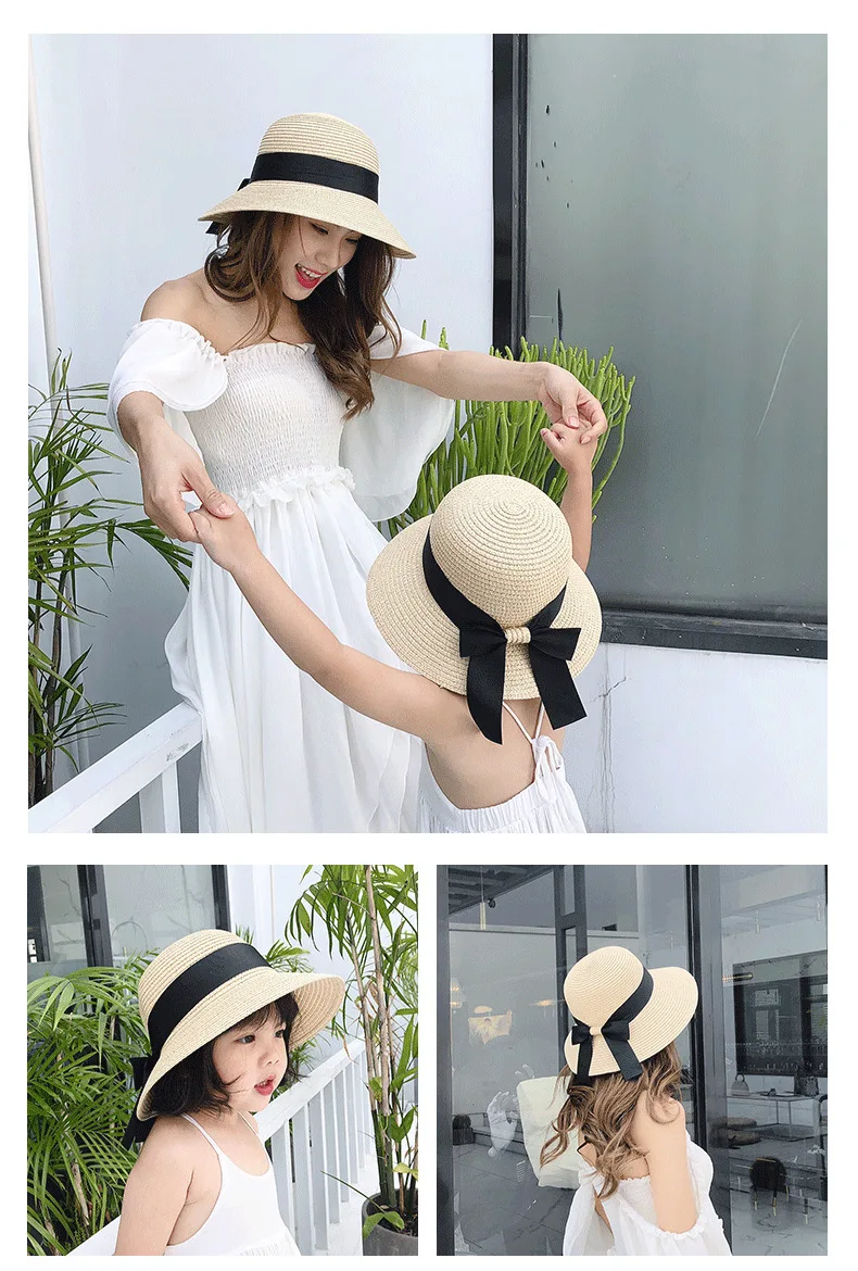 Sombrero de paja coreano para madre y niño en playa