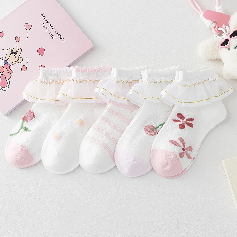 Calcetines de malla de algodón con encaje para niñas primavera-verano