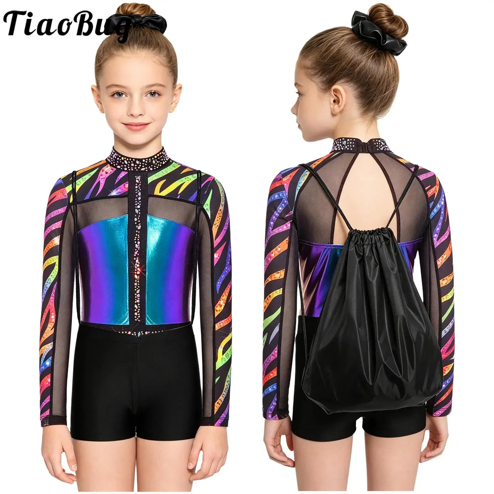 Conjunto de ballet con lentejuelas para niñas, shorts y manga larga