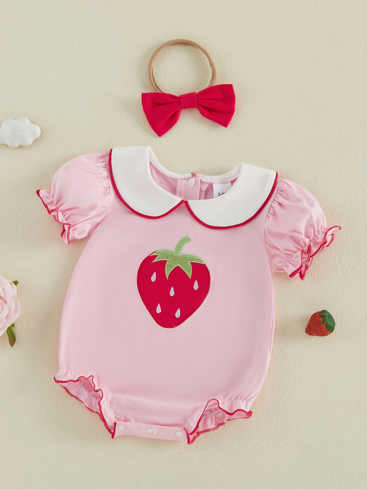 Detalle del estampado de fresa y el cuello de muñeca