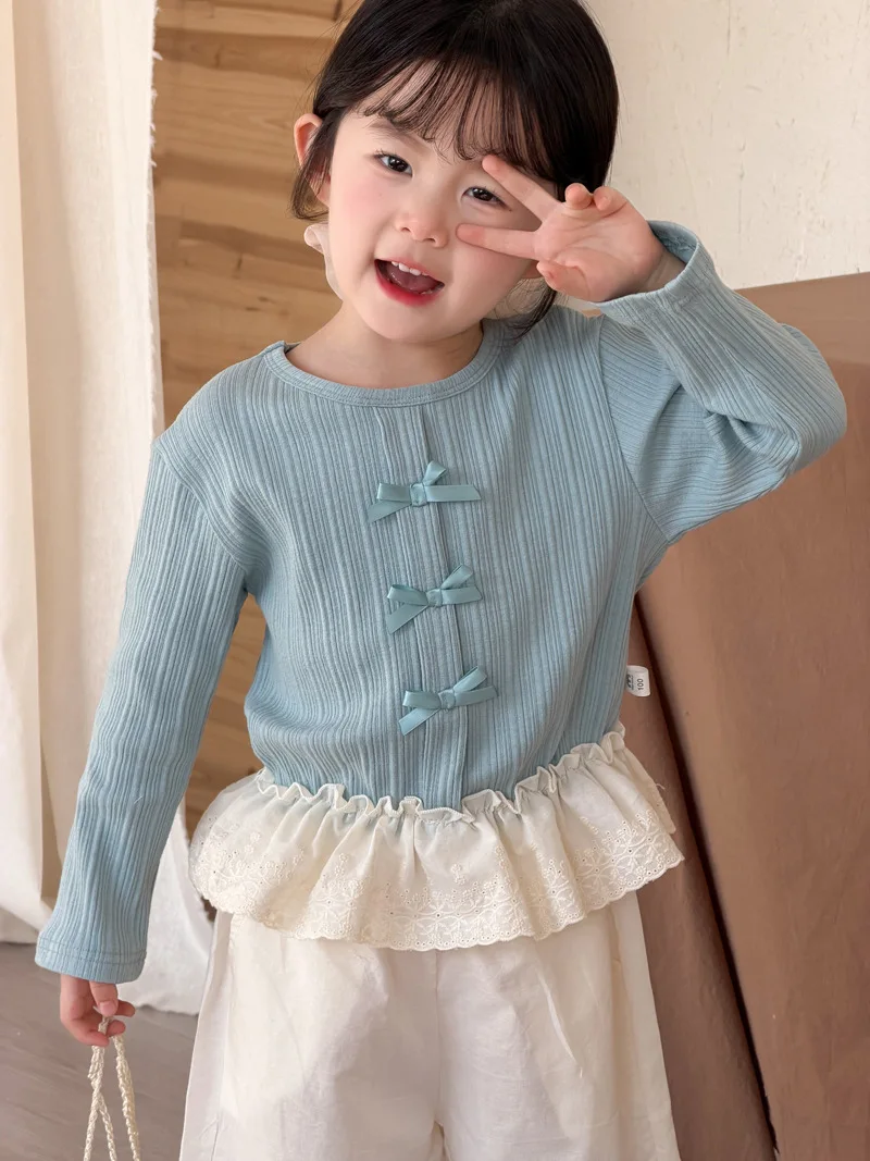 Camiseta interior primavera para niñas con lazo de encaje - imagen 2