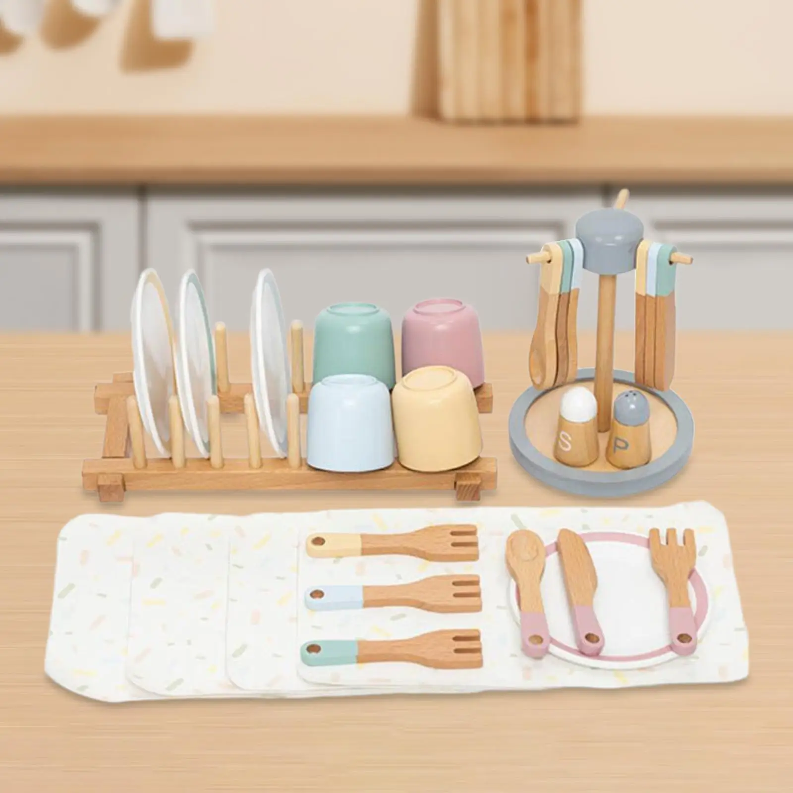 Platos de juguete de madera Montessori con tazas a juego