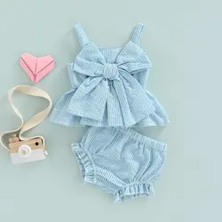 Conjunto bebé niña de rayas con chaleco lazo y pantalón corto