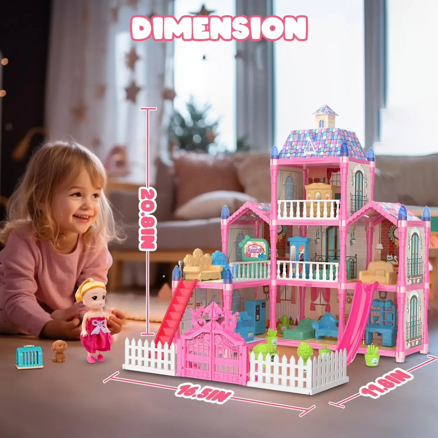 Casa de muñecas con luz LED y muebles para niñas