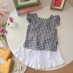 Conjunto de verano para niña: chaleco a cuadros y pantalones cortos