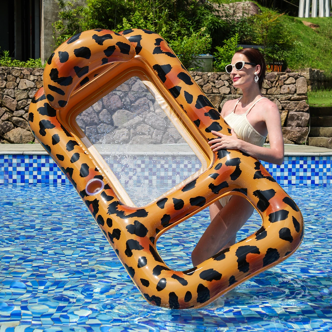 Flotador inflable de piscina: tumbona con toldo, PVC y portavasos