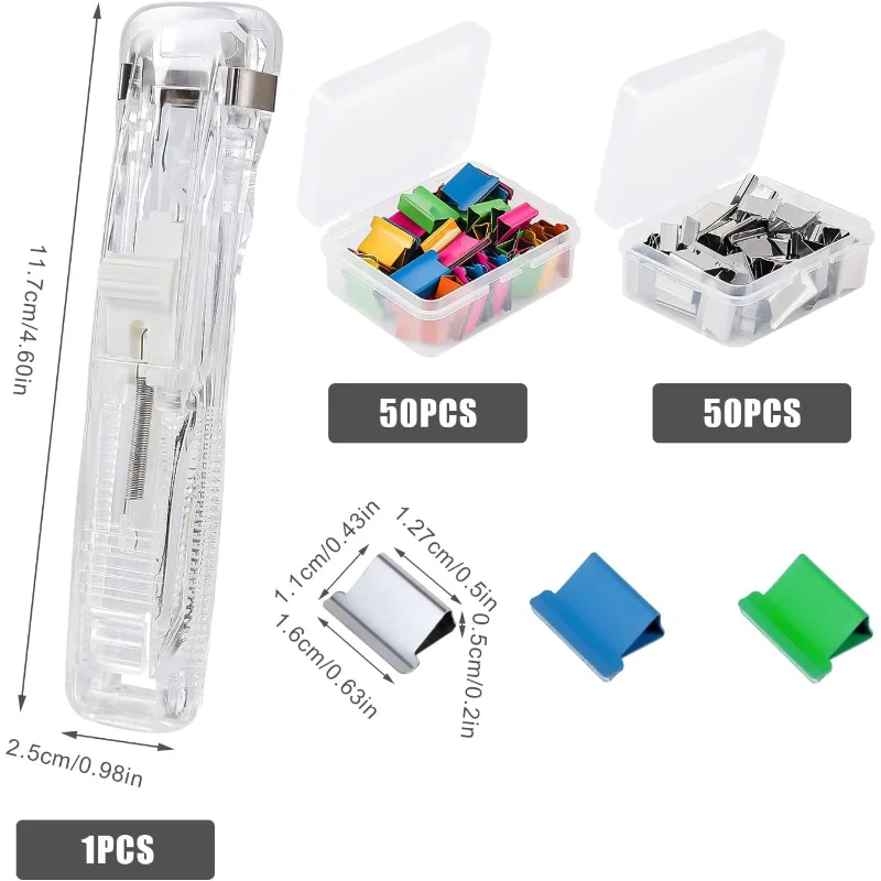 Grapadora manual metálica con clip y sujeción reutilizable