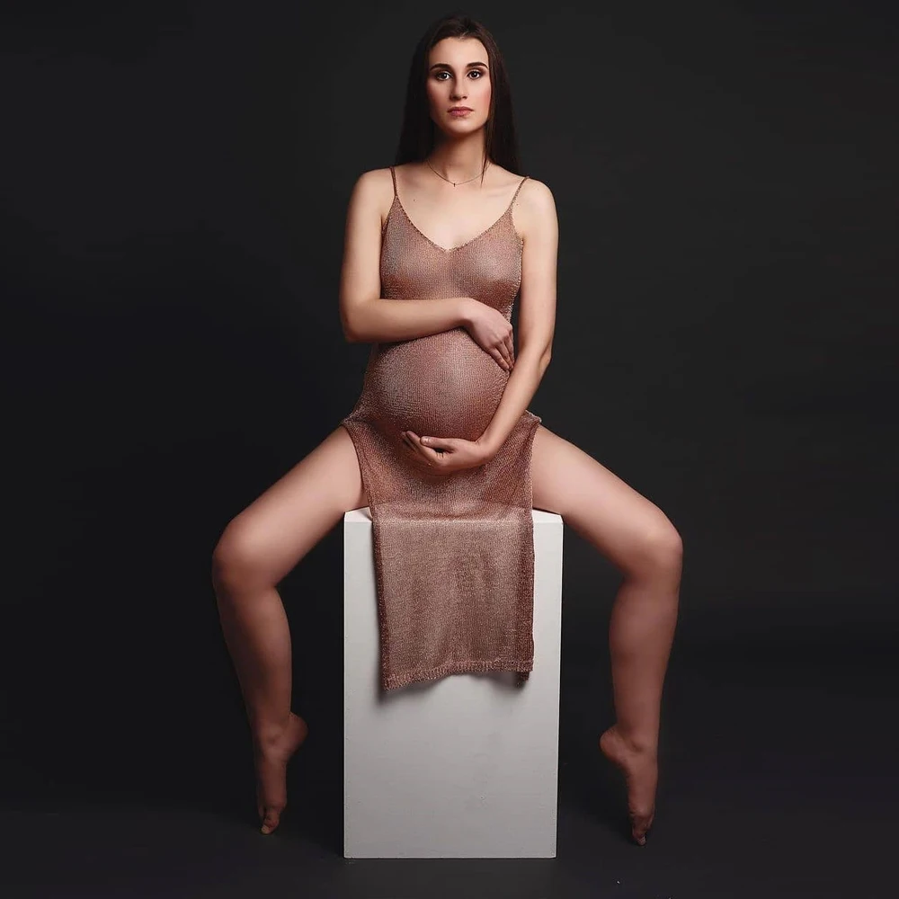 Vestido de maternidad para fotos con cuello V champán tejido malla - imagen 2