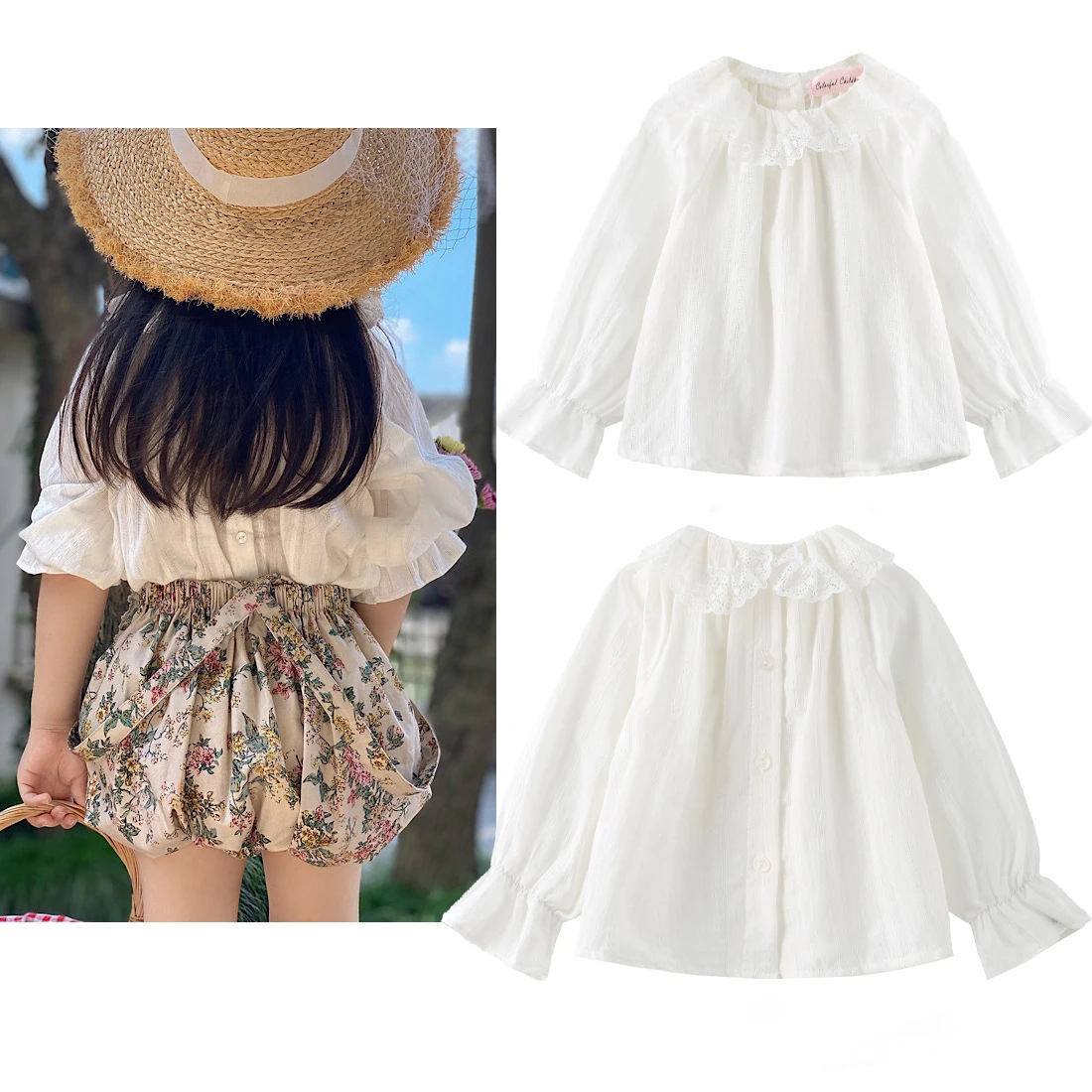 Blusa blanca para niña manga larga con cuello de encaje muñeca