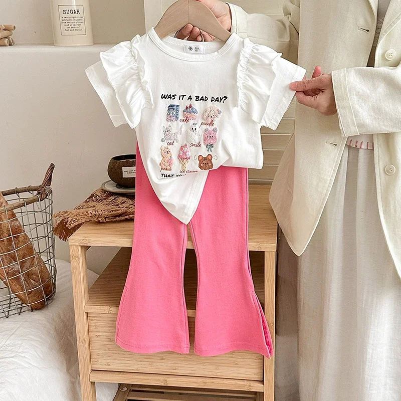 Conjunto de verano para niña con volantes – Camiseta y pantalón campana - imagen 5