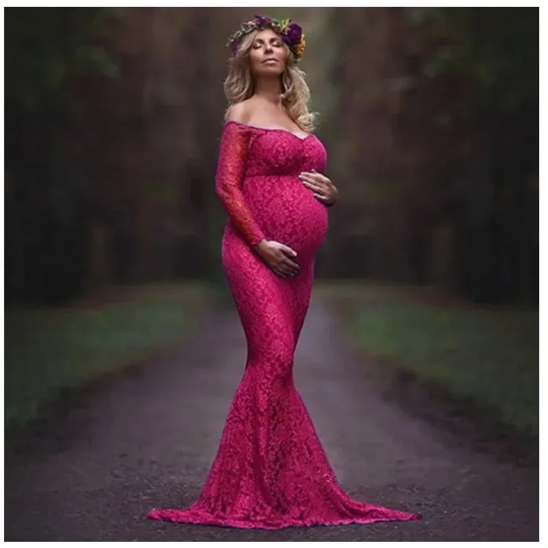 Vestido de maternidad de encaje de manga larga con un hombro para fotos - imagen 3