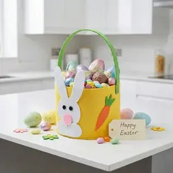 Cesta de fieltro para Pascua con asa y dibujos de conejo