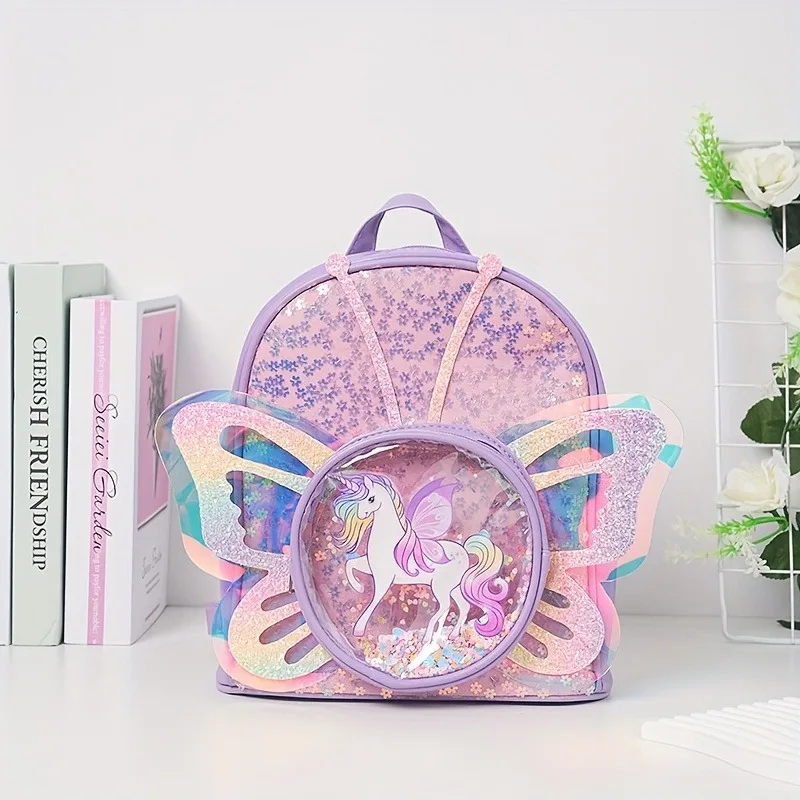 Mochila escolar unicornio impermeable lentejuelas y alas de mariposa - imagen 2