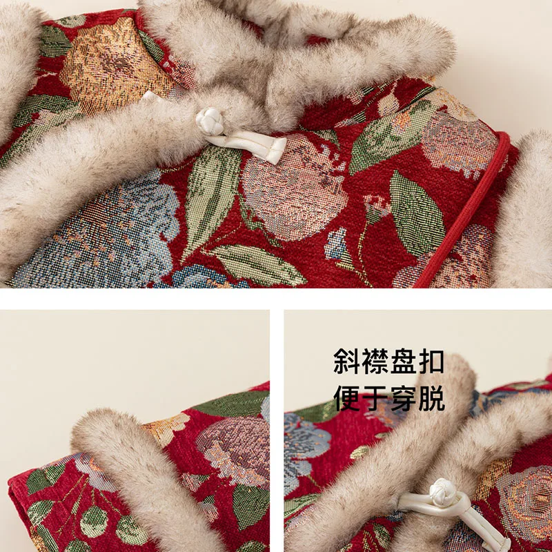 Vestido rojo de invierno para niña – Bordado floral con forro polar - imagen 5