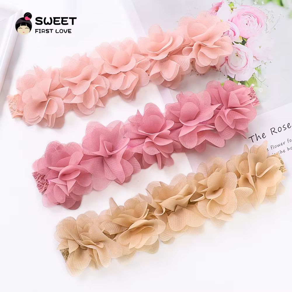 Diadema rosa con flores para bebé - Hecha a mano en gasa - imagen 5