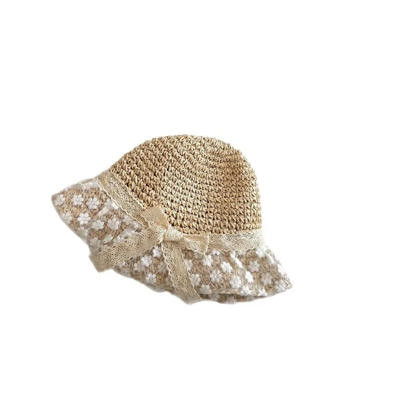 Sombrero de sol de paja con lazo y encaje floral para niña - imagen 5
